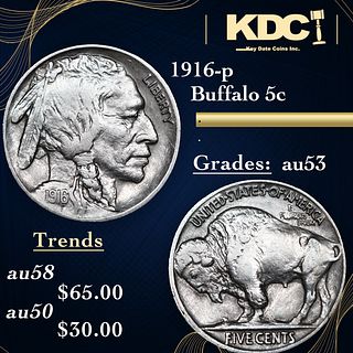 1916-p Buffalo Nickel 5c Grades Select AU