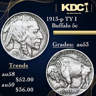 1913-p TY I Buffalo Nickel 5c Grades Select AU