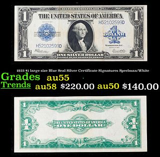 1923 $1 large size Blue Seal Silver Certificate Grades Choice AU Signatures Speelman/White