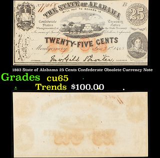 1863 State of Alabama 25 Cents Confederate Obsolete Currency Note Grades Gem CU
