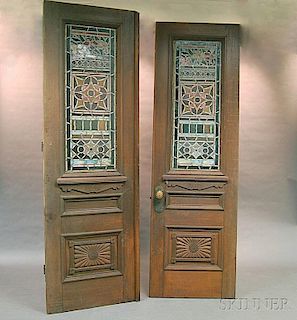 Pair of Oak Paneled and Leaded Glass Doors