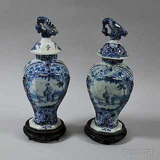 Pair of Delft Covered Urns