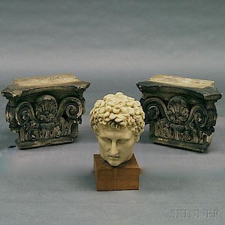 Two Concrete Corinthian Capitals and a Composite British Museum Replica Portrait   Head
