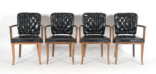 Set of Four Art Deco Tufted Leather Open Arm Library Chairs