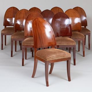 Set of Ten Russian Neoclassical Style Ebony Inlaid Mahogany Dining Chairs