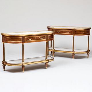 Fine Pair of Louis XVI Ormolu-and Brass-Mounted Mahogany Console Dessertes, Signed F. Schey