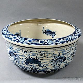 Empire-style Patinated-metal Stand with Ceramic Blue and White Fishbowl