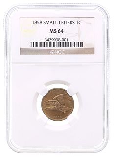 1858 US FLYING EAGLE SMALL LETTERS 1C COIN NGC MS 64