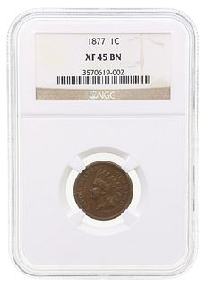 KEY DATE 1877 US INDIAN HEAD 1 CENT COIN NGC XF 45 BN
