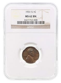 1931-S US LINCOLN WHEAT 1 CENT COIN NGC MS 62 BN