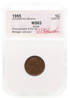 1955 US LINCOLN 1 CENT DOUBLED DIE OBVERSE PCI MS63