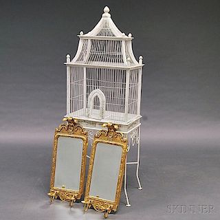 White-painted Birdcage on Stand and a Pair of Gilt Queen Anne-style Mirrors
