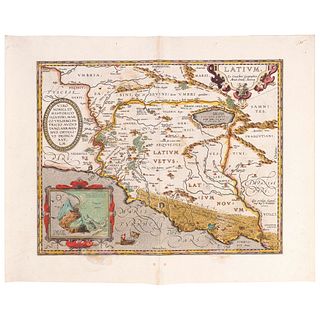 Ortelius, Abraham. Lativm. Antverp (Amberes), 1624. Mapa grabado coloreado, 36 x 45.5 cm.; hoja completa, 45 x 57 cm.