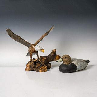 2pc Handpainted Bird Figurines, Duck Decoy and Bald Eagle