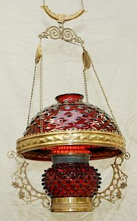 CRANBERRY HOBNAIL HANGING PARLOR LAMP 19TH.C.