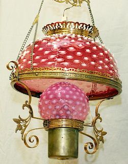 HOBNAIL CRANBERRY HANGING OIL LAMP 19TH.C.
