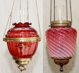 GLASS KEROSENE HALL LAMPS 19TH.C. TWO