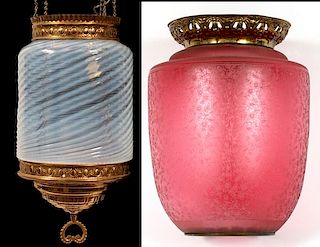 OPALESCENT AND CRANBERRY HANGING HALL LAMPS 19TH.C.