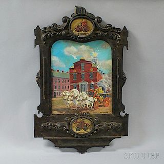 Folk Carved Fire Fighting-themed Picture Frame and Oil on Board