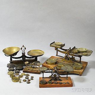 Four Brass and Wood Table Scales