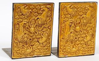 CHINESE BRASS AND CERAMIC BOOKENDS C.1910-1920 PAIR