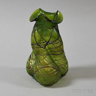 Loetz-style Threaded Iridescent Green Art Glass Vase