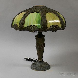 Slag Glass and Metal Overlay Table Lamp