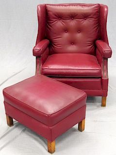 RED LEATHER ARMCHAIR & OTTOMAN