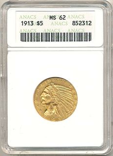 Last Minute! 1913 Gold $5 Indian Head ANACS MS62