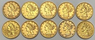 Last Minute! (10) 1881-1908 Gold $5 Liberty Head AU/BU