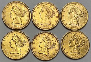 Last Minute! (6) 1881-1902 Gold $5 Liberty Head MS63