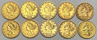 Last Minute! (10) 1880-1903 Gold $5 Liberty Head AU/BU