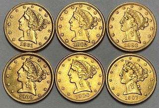 Last Minute! (6) 1881-S-1907 Gold $5 Liberty Head MS63