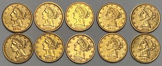 Last Minute! (10) 1880-S-1903-S Gold $5 Liberty Head AU/BU