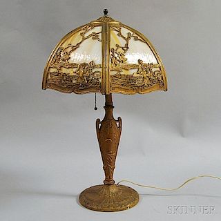 Metal Overlay and Slag Glass Table Lamp