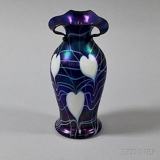 Heart and Vine Blue Iridescent Art Glass Vase
