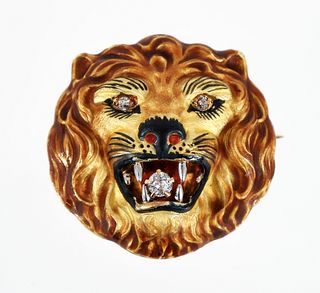 14K Diamond Enameled Lions Head Pin