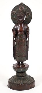 Large Antique Painted Standing Metal Buddha with Jar