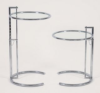 Pair Eileen Gray Adjustable Chrome and Glass Side Tables
