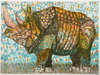 Marie Kelly Rhinoceros Large Color Lithograph 1982