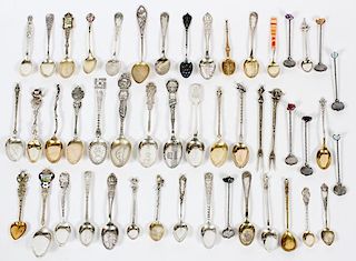 STERLING AND SILVER PLATE SOUVENIR SPOONS 46 PIECES