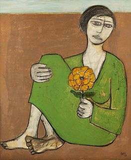 Kamal Youssef 1968 painting Seated Woman with Flower