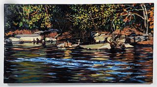 Bud Gibbons oil painting Lake Landscape with Deer