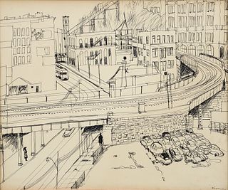 Henry Koerner Pen and Ink Drawing Downtown 1952
