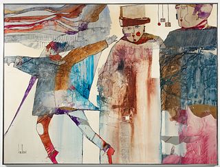 Gregory Hawthorne mixed media painting Three Figures