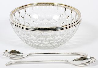 EUROPEAN SILVER PLATE AND GLASS SALAD SERVING SET