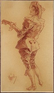 Jules Cheret Crayon Drawing of Troubadour Signed
