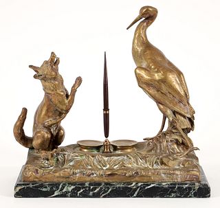 The Fox and the Stork Gilt Bronze and Marble Inkwell