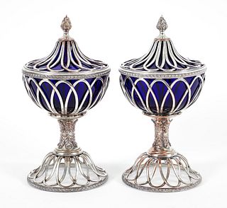 Pair of English Reticulated Silver Lidded Compotes