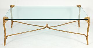 P.E. Guerin Faux Bois Glass and Brass Cocktail Table 